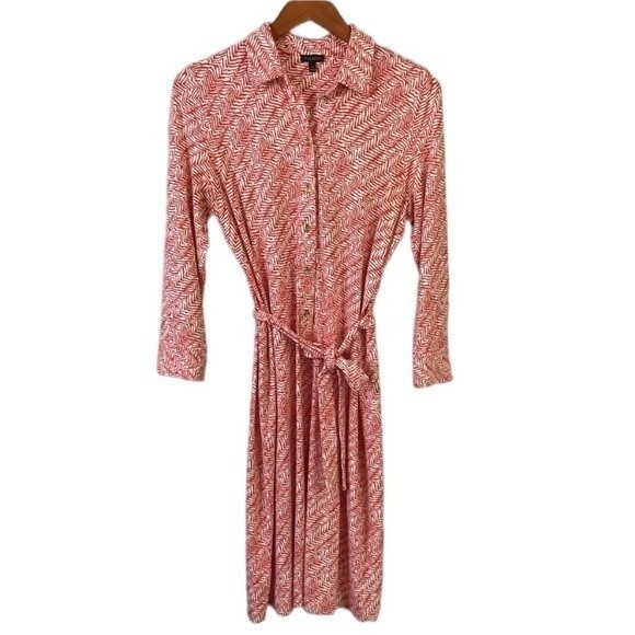 Talbots Leopard Tie-Waist Button Front Midi Shirt Dress 3/4 Sleeve Viscose Coral - Picture 6 of 16
